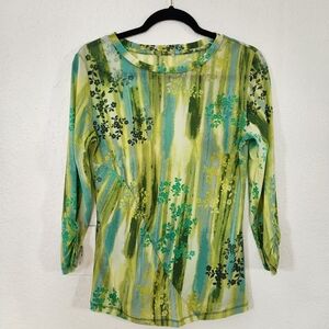 Y2K 90s Mesh Bunched Sleeve Floral Green Blue Women's Top Size M Fairy Grunge
